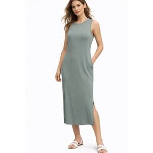 Nicole Miller New York Ribbed Tank Midi Dress Green Pockets Size L
